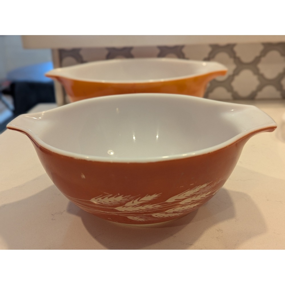 Vintage Pyrex Autumn Harvest Wheat Cinderella Mixing Bowls 441 442 Set of 2 - Picture 9 of 16